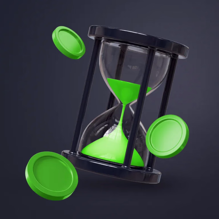 Sablier vert avec jetons de casino illustrant la rapidité des paiements sur LuckyWave Casino